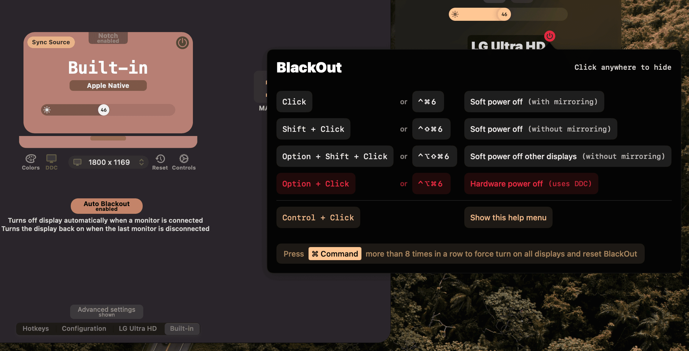 Lunar interface showing the BlackOut function