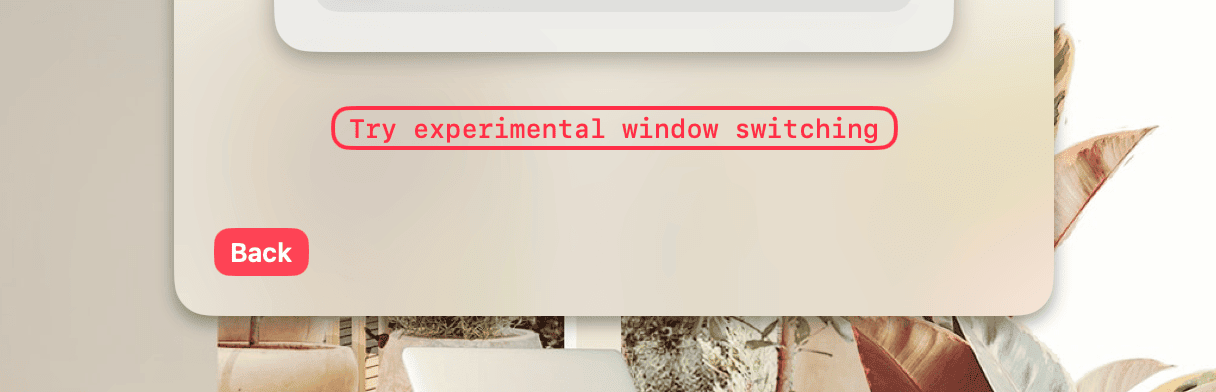 rcmd menu showing the try experimental window switching button 
